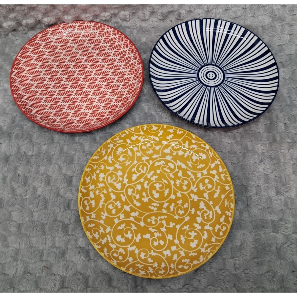 Set 3 Selamica Porcelain Salad Plates 8" Colorful Geometric Ceramic Dinnerware